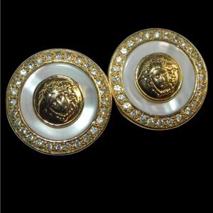Gianni Versace Vintage Mother Of Pearl Medusa Rhinestone Gold Plated Earrings